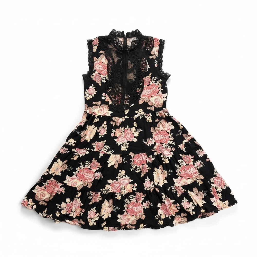 Black Floral Lace-Trim Sleeveless Kids Dress - Pink Rose Print